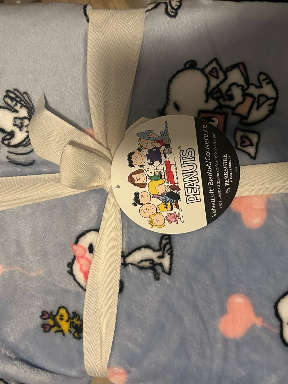 Peanuts snoopy valentines Blanket - periwinkle with Pink Hearts. Queen size.